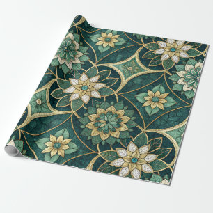 Papel De Presente Mandalas Florais Esmeralda e Dourado - Ornamental