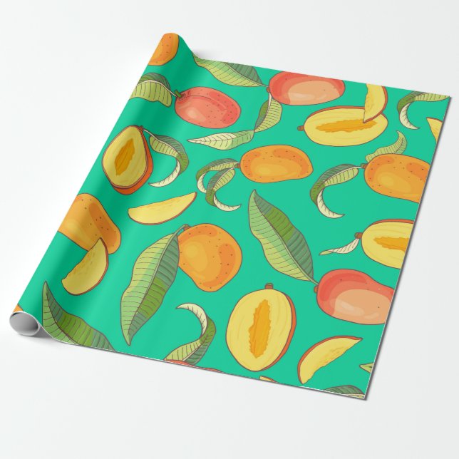 Papel De Presente Mango. Padrão sem costura com trópico amarelo e ve (Desenrolado)