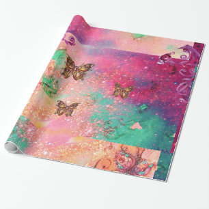 PAPEL DE PRESENTE MANTEIRAS EM PINK SPARKLES-MAGIC BUTTERFLY PLANANT