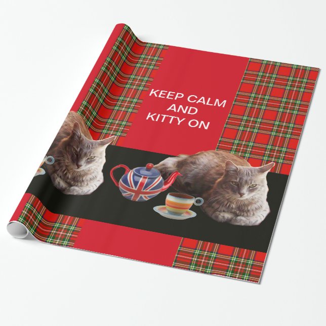 PAPEL DE PRESENTE "MANTENHA A CALMA E O GATINHO LIGADOS", RED TARTAN (Desenrolado)