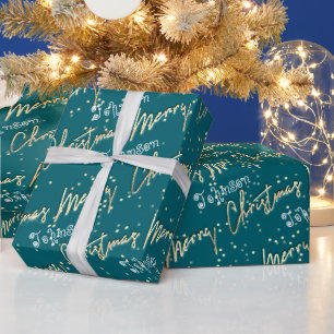 Papel De Presente Manuscrito De Ouro De Feliz Natal Do Nome Blue Tea