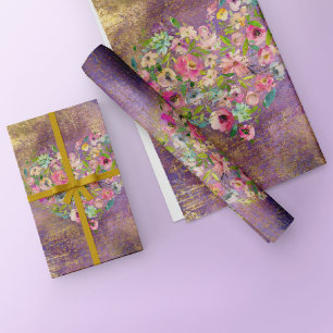 Papel De Presente Manuscrito Dourado de Coração Floral