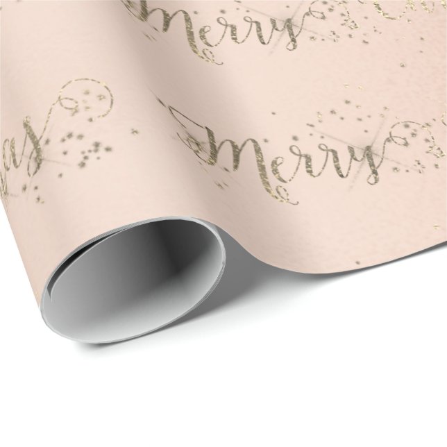 Papel De Presente Manuscrito Feliz de Natal Faux Dourado Pastel Rosa (Ponta do rolo)