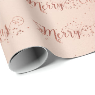 Papel De Presente Manuscrito Feliz de Natal Pastel Rosa Rosa Dourada