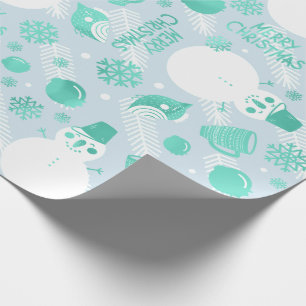 Papel De Presente Manuscrito Feliz de Natal Snowman White Mint Blue