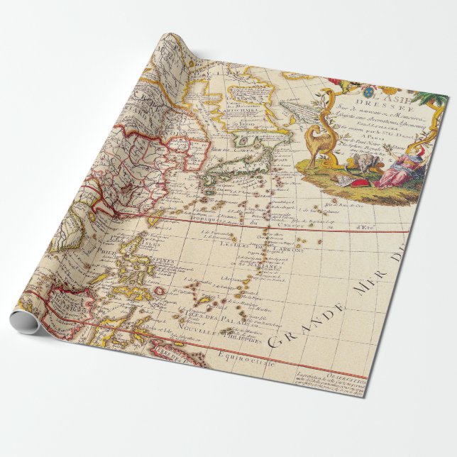 Papel De Presente Mapa Antigo da Ásia - Cartela de Título Francês Or (Desenrolado)