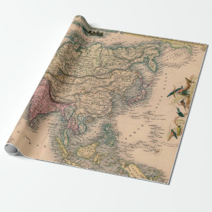 Papel De Presente Mapa Antigo da Ásia em Sepia com Regiões Pastel