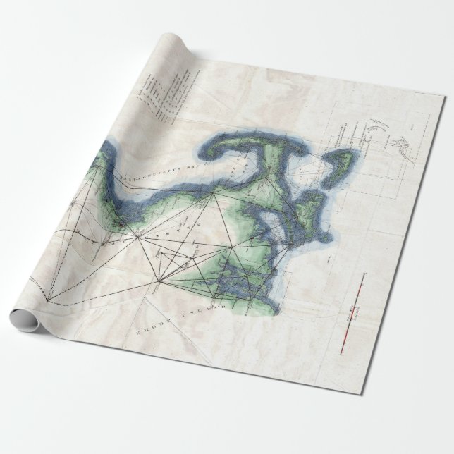 Papel De Presente Mapa Antigo da Costa de New England Cape Cod (Desenrolado)