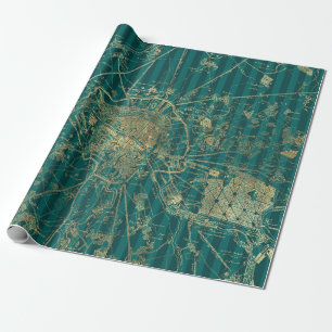 Papel De Presente Mapa Antigo Turquesa e Folha de Ouro
