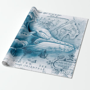 Papel De Presente Mapa da Vintagem Azul do Humpbacks