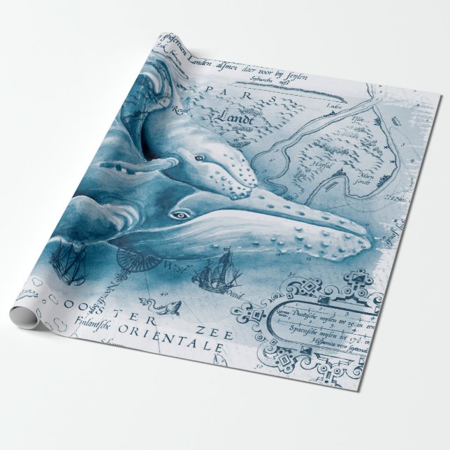 Papel De Presente Mapa da Vintagem Azul Humpbacks (Desenrolado)