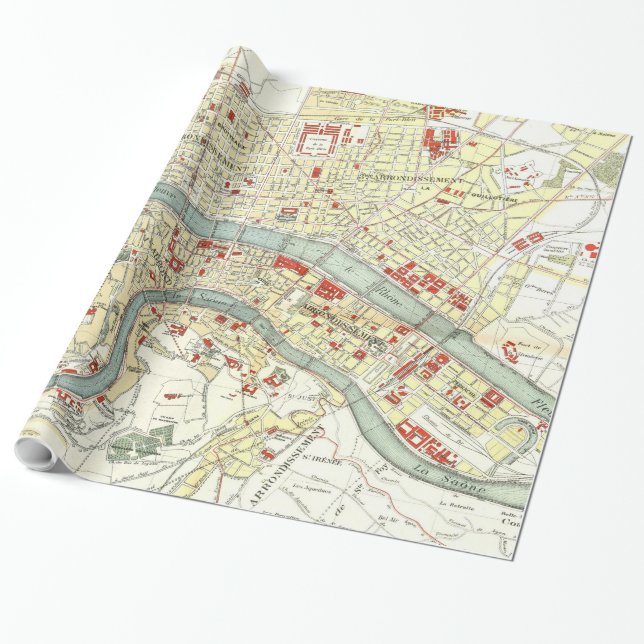 Papel De Presente Mapa de Lyon França (1900) (Desenrolado)