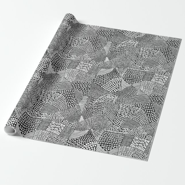 Papel De Presente Mapa de Patchwork Abstrato - Branco no Preto (Desenrolado)