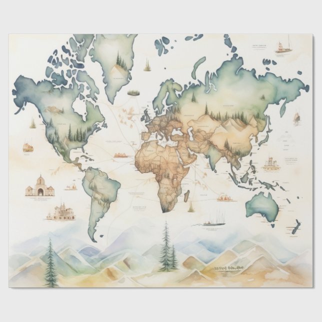 Papel De Presente Mapa de Viagem Aquarela (Aberto)