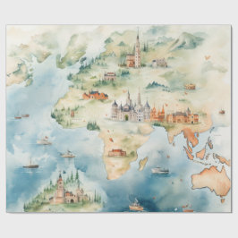 Papel De Presente Mapa de Viagens aquarela