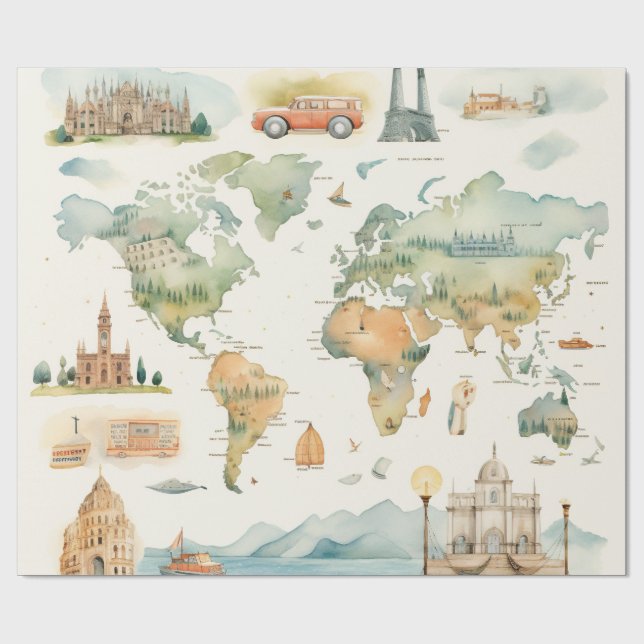 Papel De Presente Mapa de Viagens aquarela (Aberto)