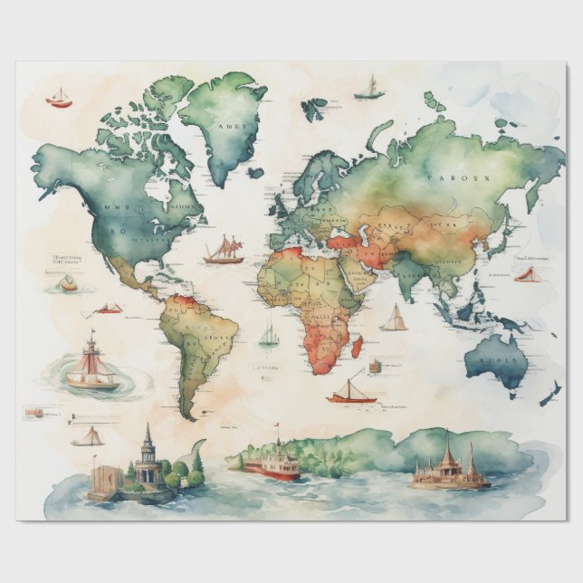 Papel De Presente Mapa de Viagens aquarela (Aberto)