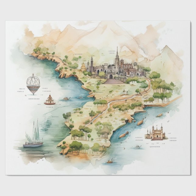 Papel De Presente Mapa de Viagens aquarela (Aberto)