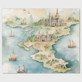 Papel De Presente Mapa de Viagens em Aquarela