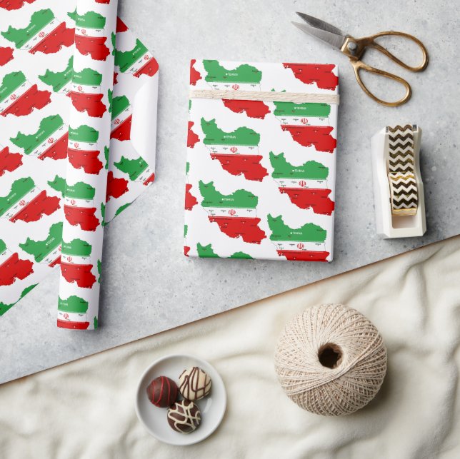 Papel De Presente Mapa do Irã com Bandeira e Emblema (Artesanato)