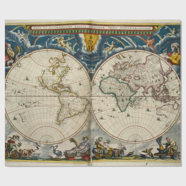 Papel De Presente Mapa do mundo antigo - Blaeu, Joana 1664 (Aberto)