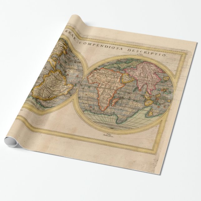 Papel De Presente Mapa do Mundo do Século XVI, de Rosaccio, em 1598 (Desenrolado)