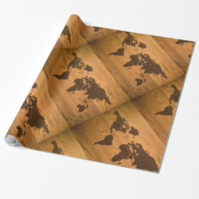 Papel De Presente Mapa do mundo na grão de madeira (Desenrolado)