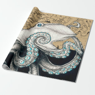 Papel De Presente Mapa do Octopus Vintage Beige