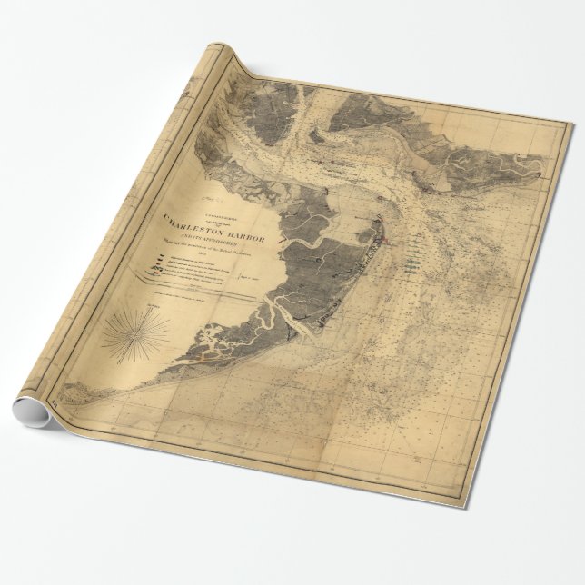 Papel De Presente Mapa do porto South Carolina de Charleston (1863) (Desenrolado)