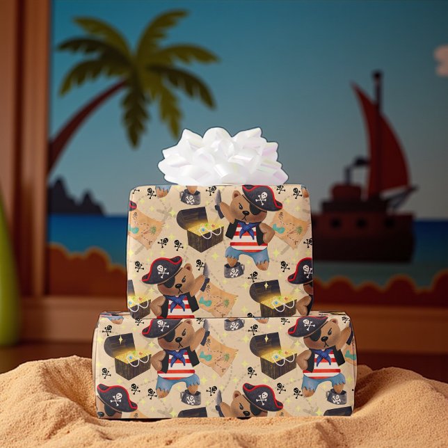 Papel De Presente Mapa do tesouro do Urso Pirata (Cute pirate bear gift wrap with maps and treasure chests, perfect for kids’ pirate party presents.)