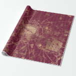 Papel De Presente Mapa do Vintage Burgundy Red e do Dourado Viagem<br><div class="desc">O papel de embrulho gráfico de grafite de Paris vintage grunge burgundy e gold map.</div>