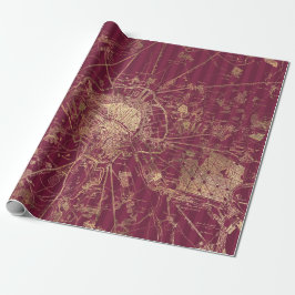 Papel De Presente Mapa do Vintage Burgundy Red e do Dourado Viagem