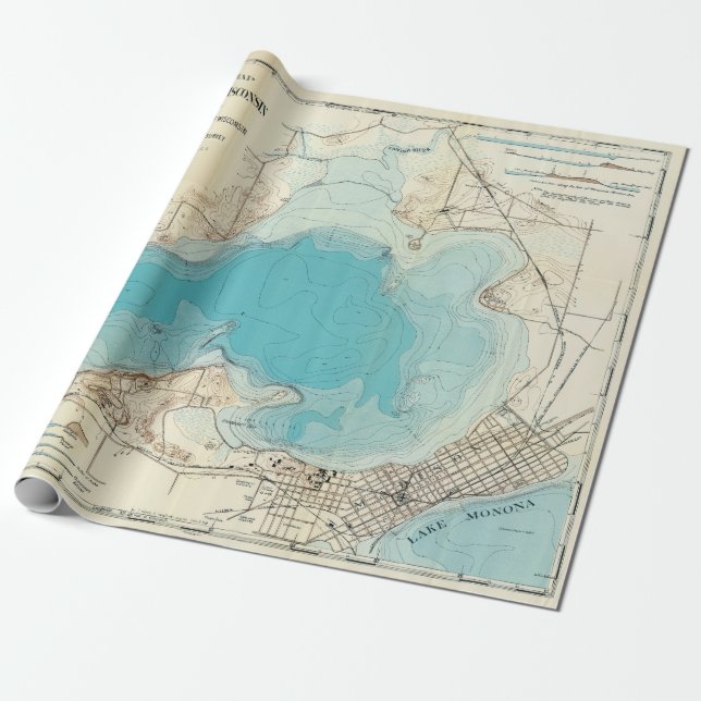 Papel De Presente Mapa Hidrográfico Antigo do Lago Mendota (Desenrolado)