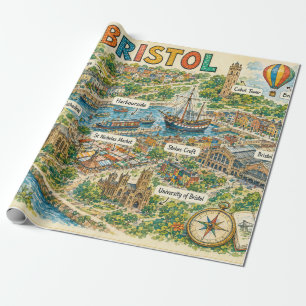 Papel De Presente Mapa Ilustrado de Pontos Turísticos de Bristol