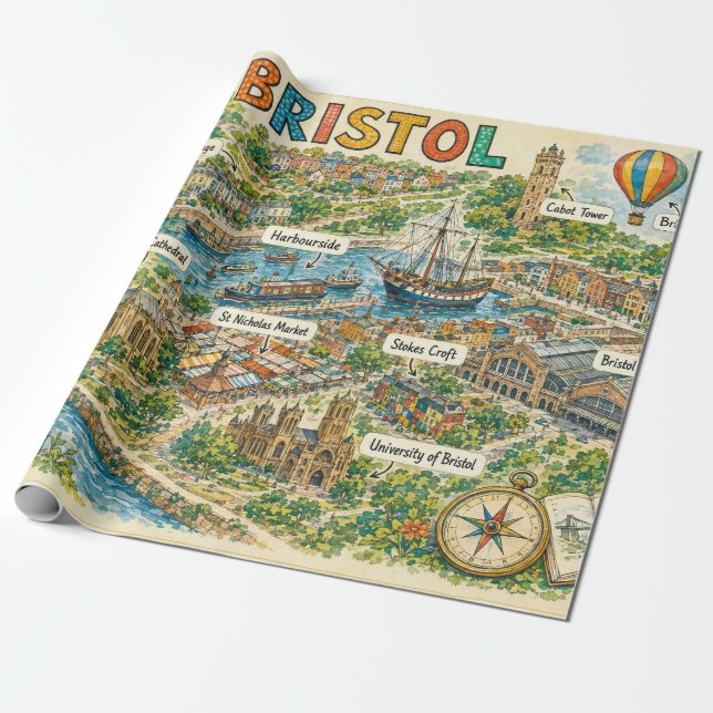 Papel De Presente Mapa Ilustrado de Pontos Turísticos de Bristol (Desenrolado)
