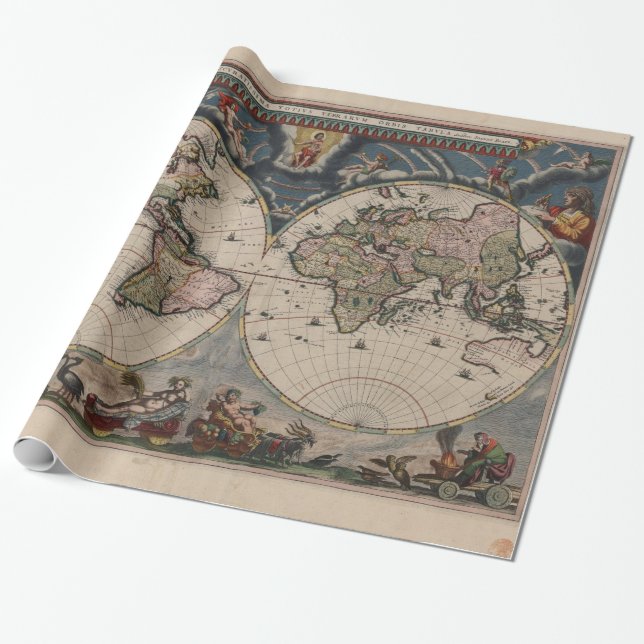 Papel De Presente Mapa Mundial Antiquado: Arte Cartográfica Históric (Desenrolado)