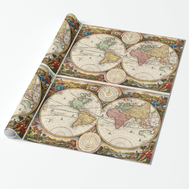 Papel De Presente Mapa Mundial Antiquado Dois Hemisférios Raros Arte (Desenrolado)