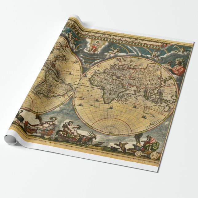 Papel De Presente Mapa Mundial Antiquado J. Blaeu 1664 (Desenrolado)