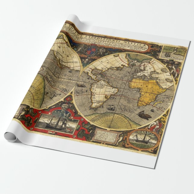 Papel De Presente Mapa Mundial Antiquado nº 2 (Desenrolado)