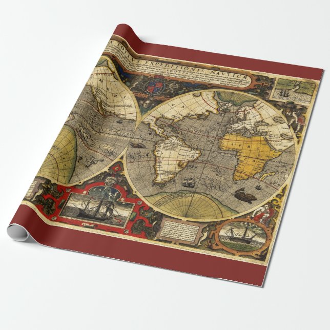 Papel De Presente Mapa Mundial Antiquado nº 2 (Desenrolado)