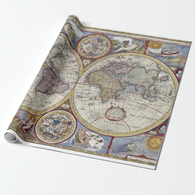 Papel De Presente Mapa Mundial Antiquado nº 3 (Desenrolado)
