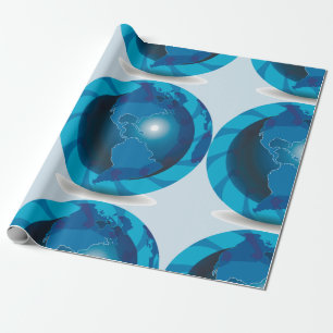 Papel De Presente Mapa Mundial do Globo Terrestre Azul Moderno