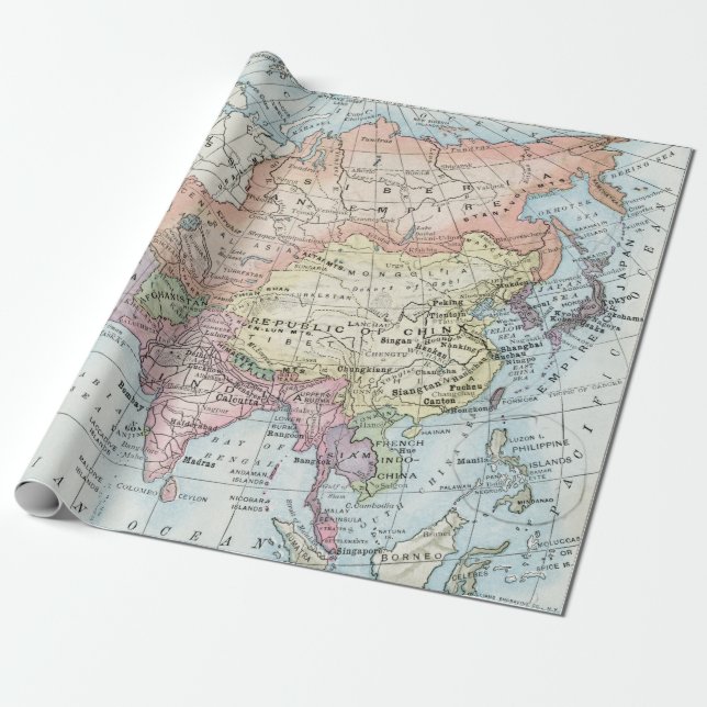 Papel De Presente Mapa Político da Ásia (1916) (Desenrolado)