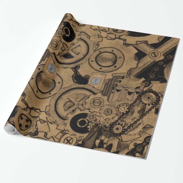 Papel De Presente Máquina Steampunk (Brassy) (Desenrolado)