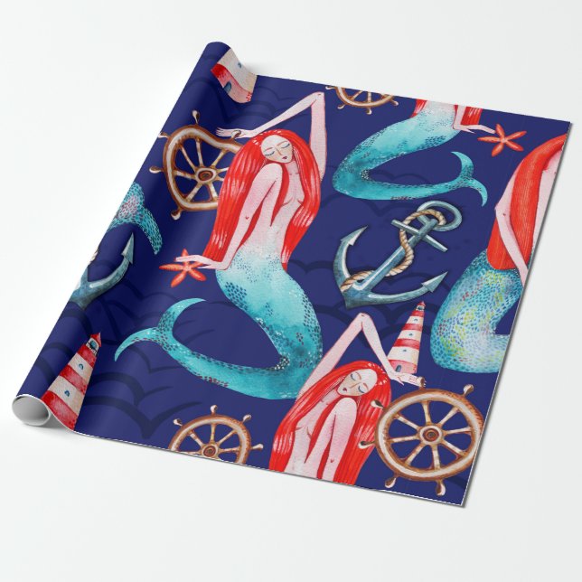 Papel De Presente Mar de padrão aquarela (Desenrolado)