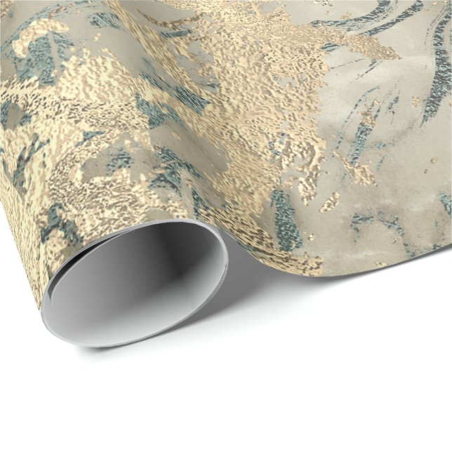 Papel De Presente Marble Champaigne - Traços Dourados Sepia Blue Met (Ponta do rolo)