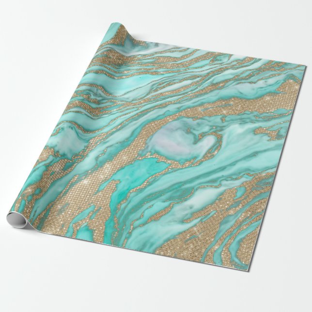 Papel De Presente Marble do Enfumaçado Teal Dourado Sequin Glitter (Desenrolado)