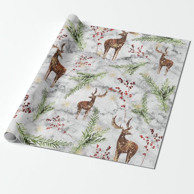 Papel De Presente Marble Reindeer Berries, Elegante, Natal (Desenrolado)