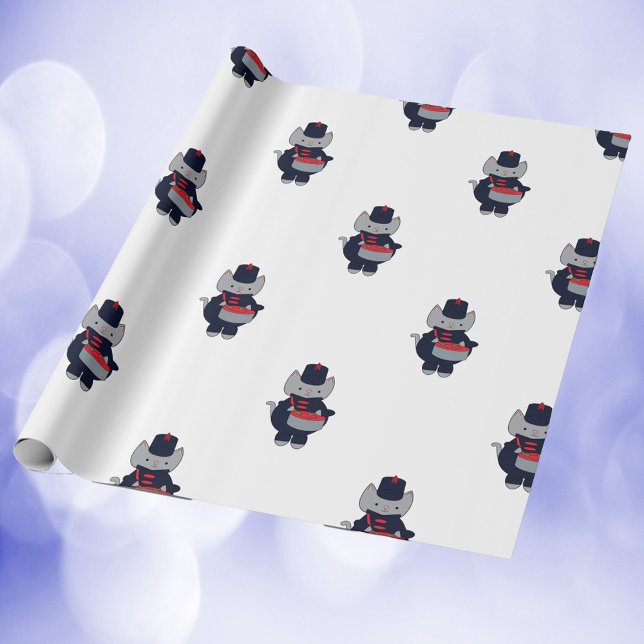Papel De Presente Marching Band Cat Snare Drum Navy Blue Red Pattern (Wrapping paper of a cat playing drums in a navy blue & red marching band uniform.)
