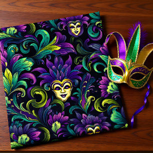 Papel De Presente Mardi Gras com máscaras amarelas ouros